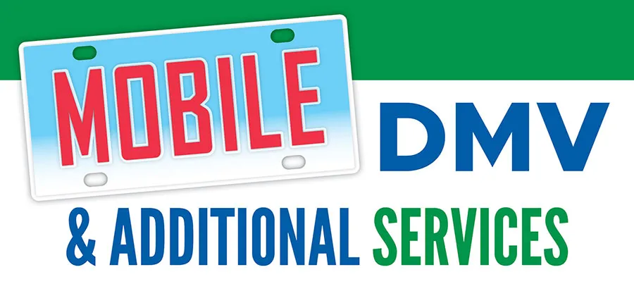 Grafika z napisem „Mobile DMV & Additional Services”, ze słowem „Mobile” na tablicy rejestracyjnej.