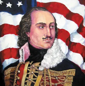 Malowany portret: Casimir Pulaski w ciemnym mundurze ze złotymi galonami i białym koronkowym kołnierzem, na tle flagi amerykańskiej.